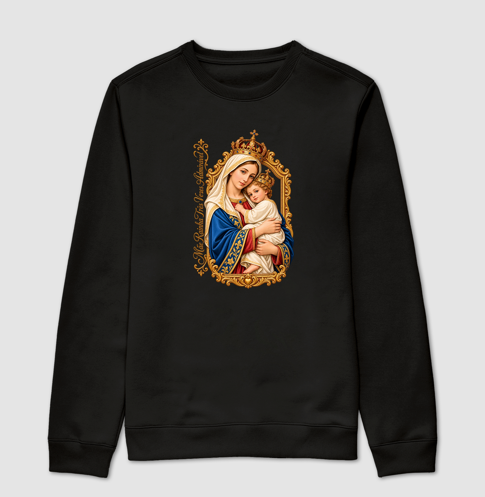 Camiseta Mãe Rainha Três Vezes Admirável Com Menino Jesus