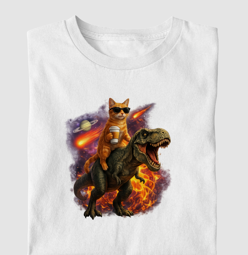Camiseta Gato e Dinossauro Apocalíptico
