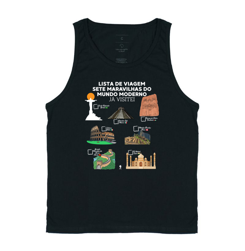 Camiseta Lista de Viagem Sete Maravilhas do Mundo Moderno | Marque as que Ja Visitou | Colecao Personalizaveis - Regata