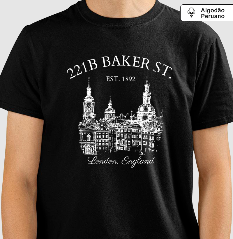 Camiseta Sherlock Holmes 221B Baker Street Literatura Inglesa Algodão Peruano  
