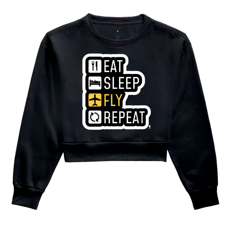 Camiseta Eat Sleep Fly Repeat | Rotina do Viajante Viciado | Colecao Viciados em Viagem