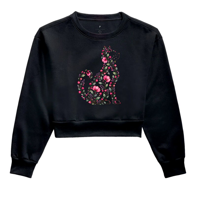 Gato em Flores - Cropped Moletom