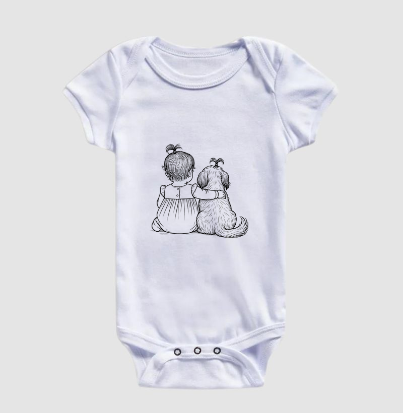 Abraço - bebê menina 1 ano com cachorro shih tzu (body bebê)