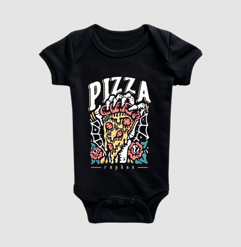 Caveira segurando fatia de pizza e rosas