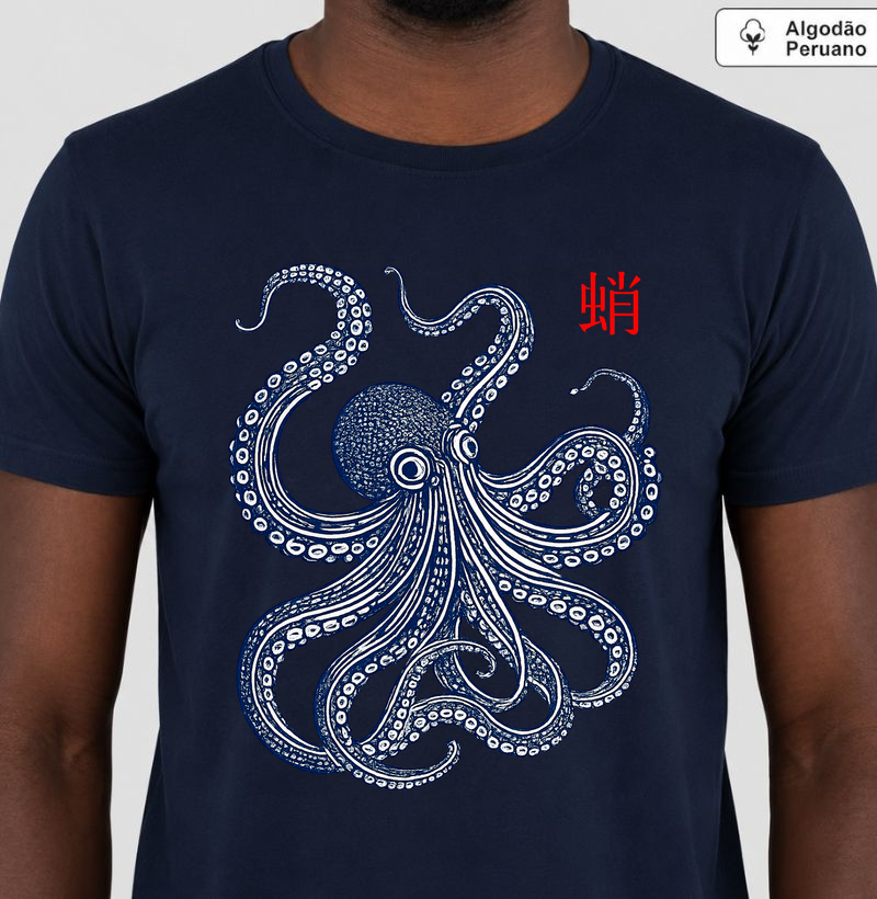 Camiseta Octopus Arte Oriental Vintage 100% Algodão Peruano 