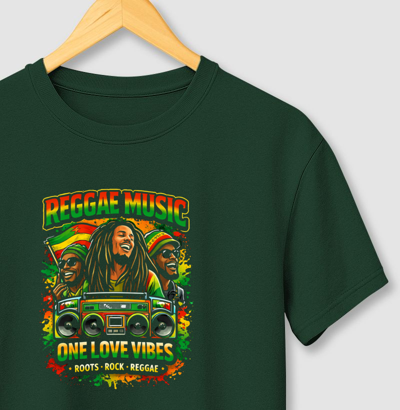 Camiseta One Love Vibes. Coleção Reggae Music. Masculina e Feminina. Algodão Premium.