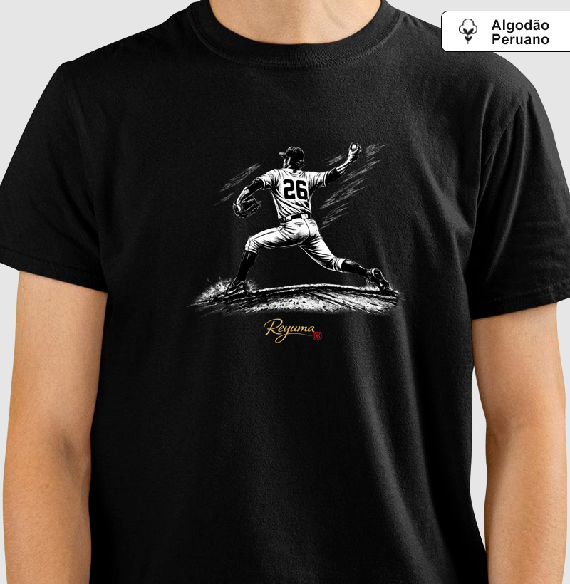 Camiseta Masculina, Feminina, Babylook e Unissex de Algodão Peruano Baseball "Pitcher" 