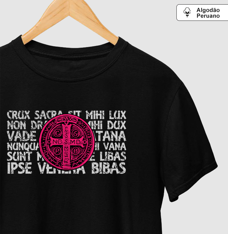 Medalha de São Bento e a Oração cor Rosa - Algodão Peruano