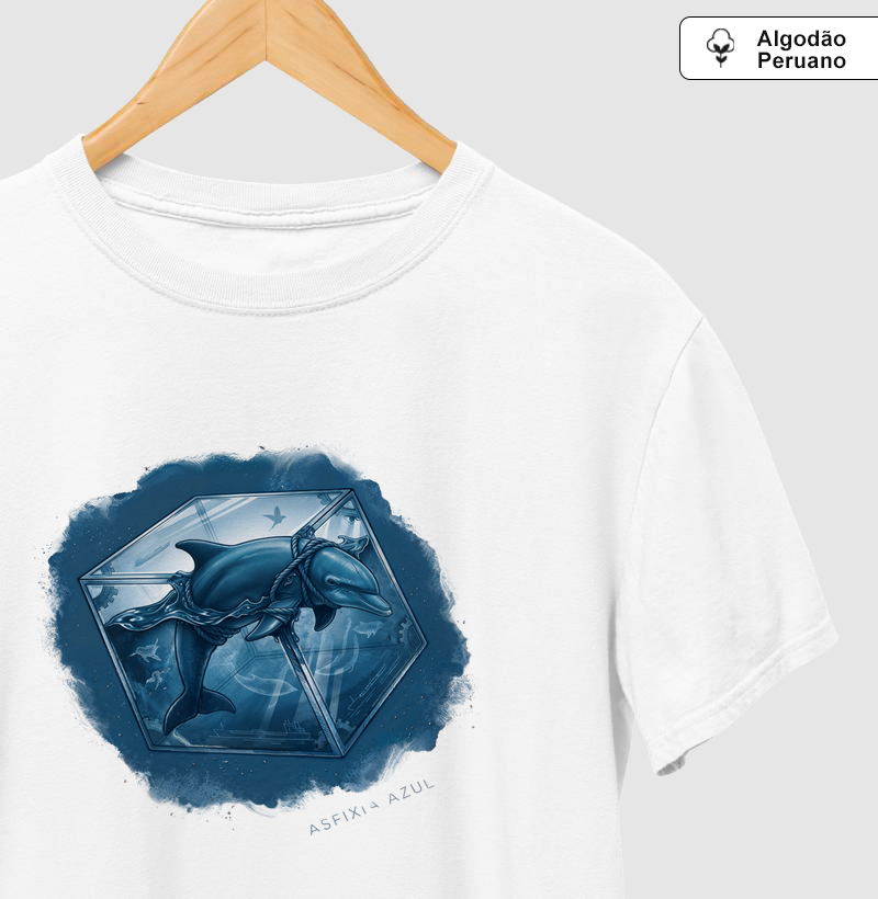 Camiseta Premium Algodão Peruano AROUA Studio (IA) — Prisma do Cativeiro (Asfixia Azul, Tanguis, Golfinho, Blue on White)