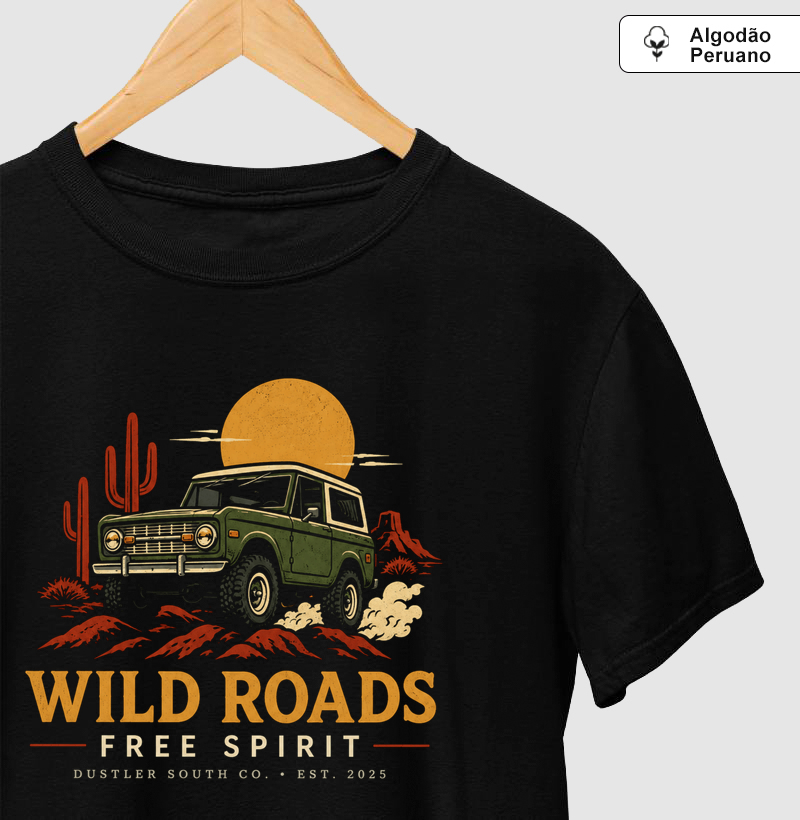 Camiseta Country Masculina Wild Roads Free Spirit Dustler South Co. Algodão Peruano Premium