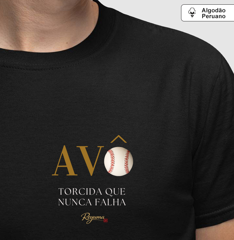 Camiseta Masculina, Feminina, Babylook e Unissex de Algodão Peruano Baseball "Avô Torcida que nunca falha" - Avô