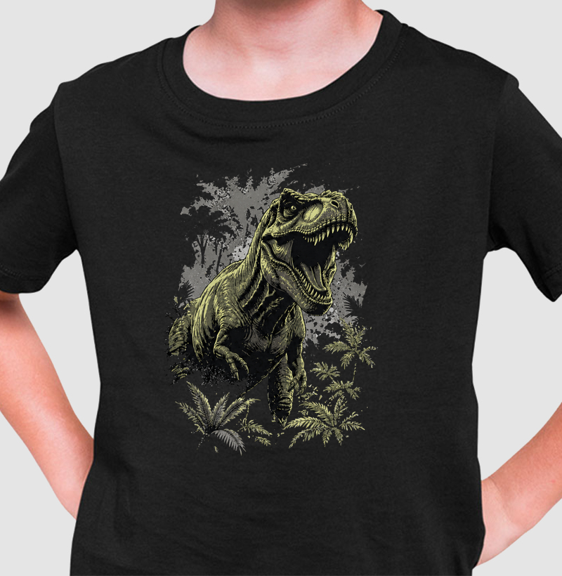 Camiseta Dinossauro T-rex Furioso na Selva Algodão Premium Dinoloco