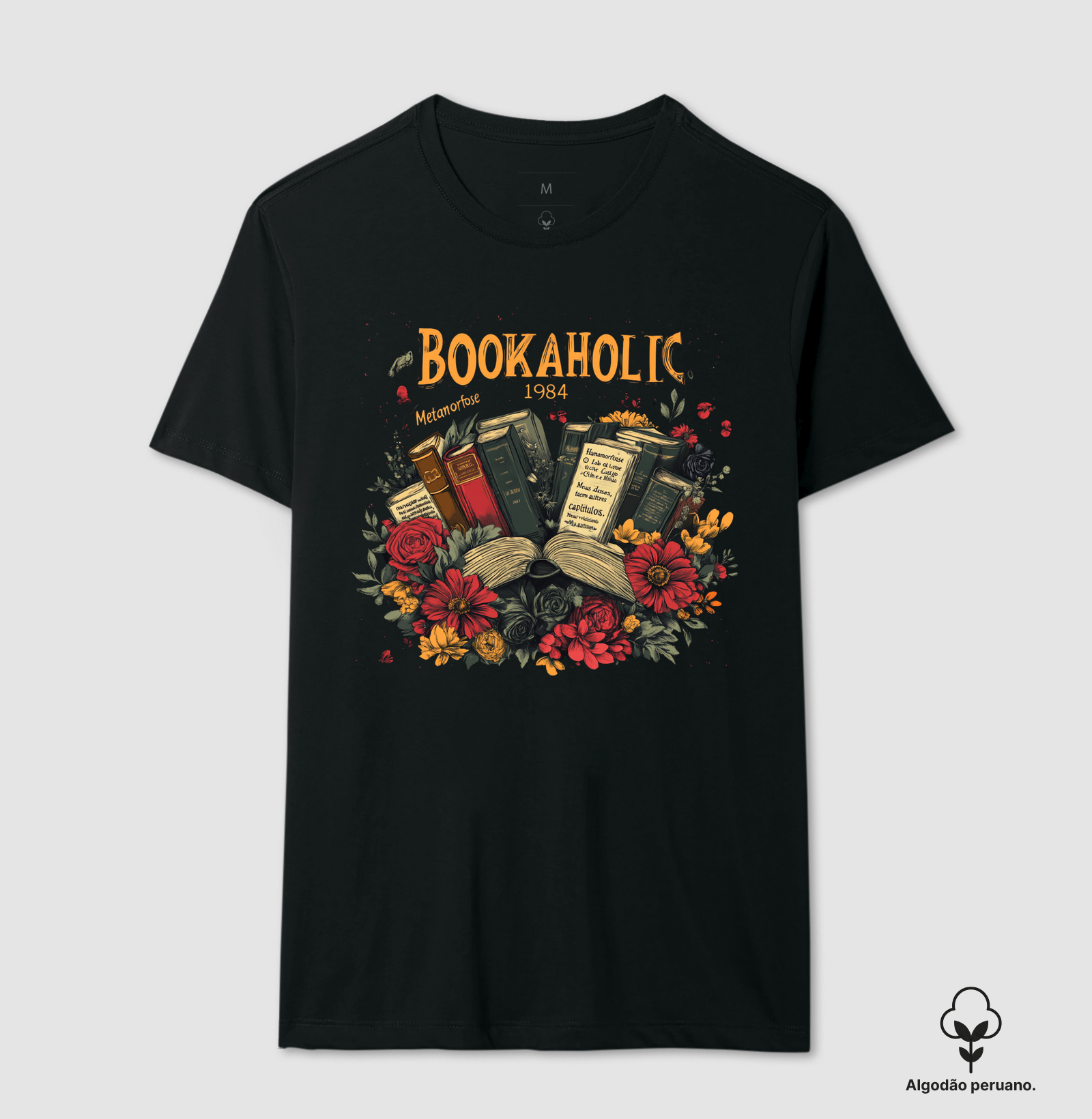 BOOKAHOLIC 1984 – CAMISETA FLORAL LITERÁRIA