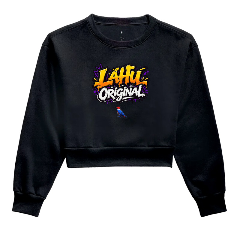O grafite LÄHU Original brilha em tons vibrantes de laranja e roxo, traduzindo energia e movimento. Mistura perfeita entre arte de rua e moda contemporânea, feita para quem vive o estilo com propósito. - Cropped Moletom
