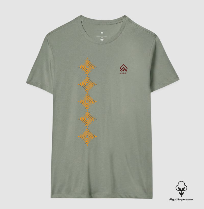 T-shirt Indígena- Grafismo Tsamata Piruara – A Escama que Guarda o Movimento do Rio - Camiseta Algodão Peruano