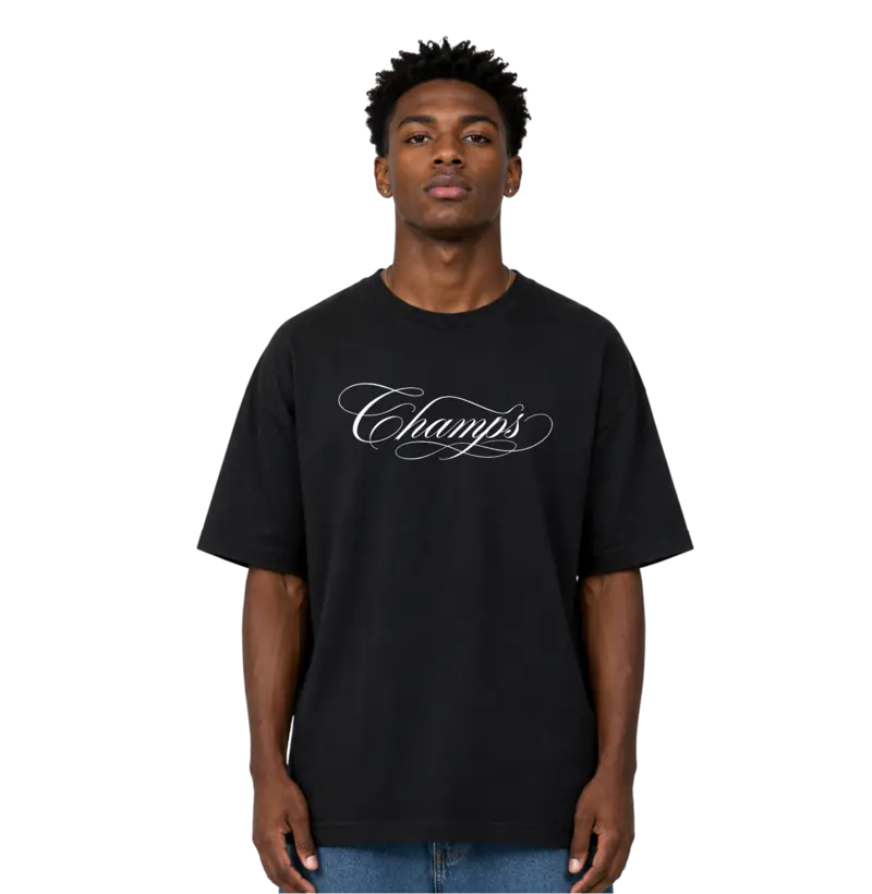 Camiseta Oversized Unissex Preta Champs Script