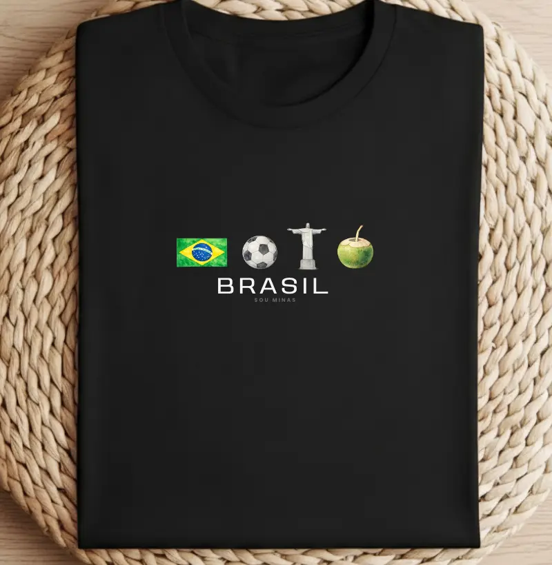 Camiseta Brasil Ícones | Bandeira Cristo Futebol | Design Minimalista - Algodão Peruano