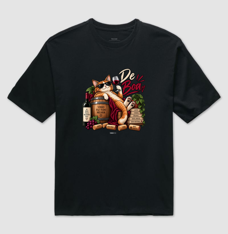 Camiseta Oversized “De Boa” Gato com Vinho – Estilo Relax & Life Mood