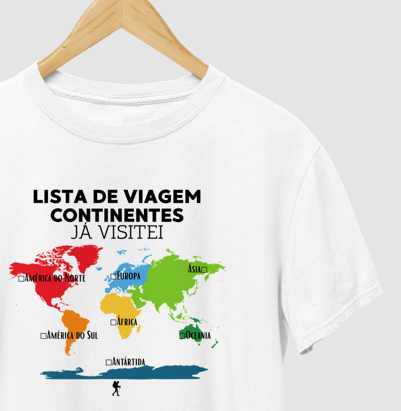 Camiseta Lista de Viagem Continentes Ja Visitei | Mapa Mundi Auto Personalizavel | Colecao Personalizaveis