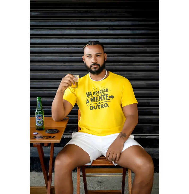 Camiseta Vá apertar a mente de outro! Coleção Baianês. Masculina e Feminina. Algodão Premium.
