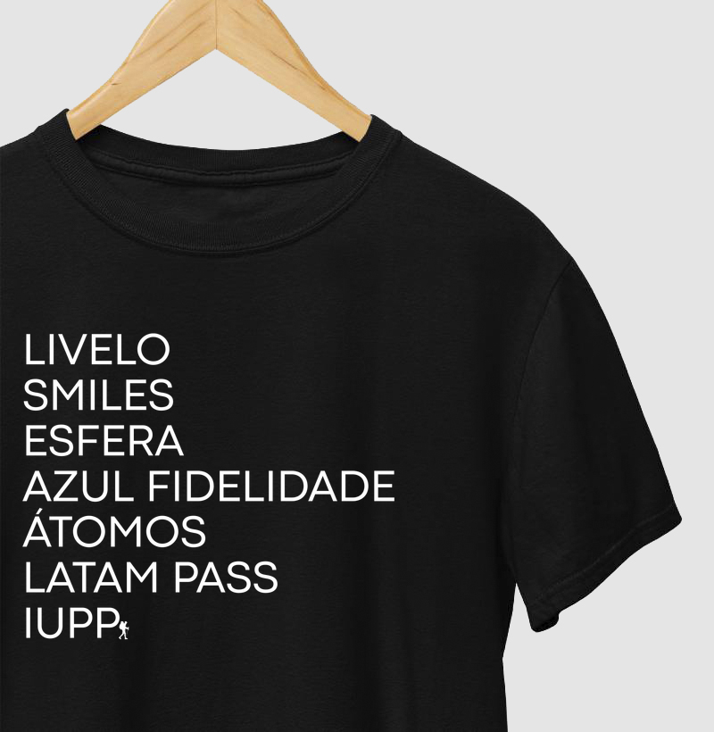 Camiseta Programas de Pontos e Milhas | Livelo, Smiles, Esfera, Azul Fidelidade, LATAM Pass e Iupp | Colecao Viciados em Viagem