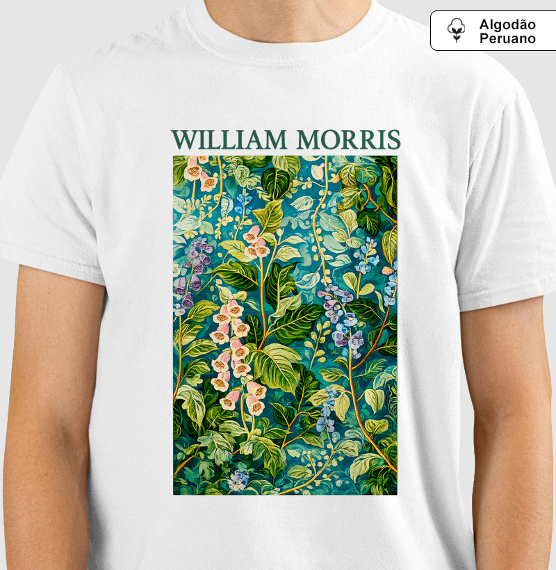 Camiseta William Morris Estampa Floral | Arts & Crafts | Algodão Peruano Premium