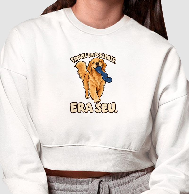 Trouxe um presente. Era seu. - Cropped Moletom