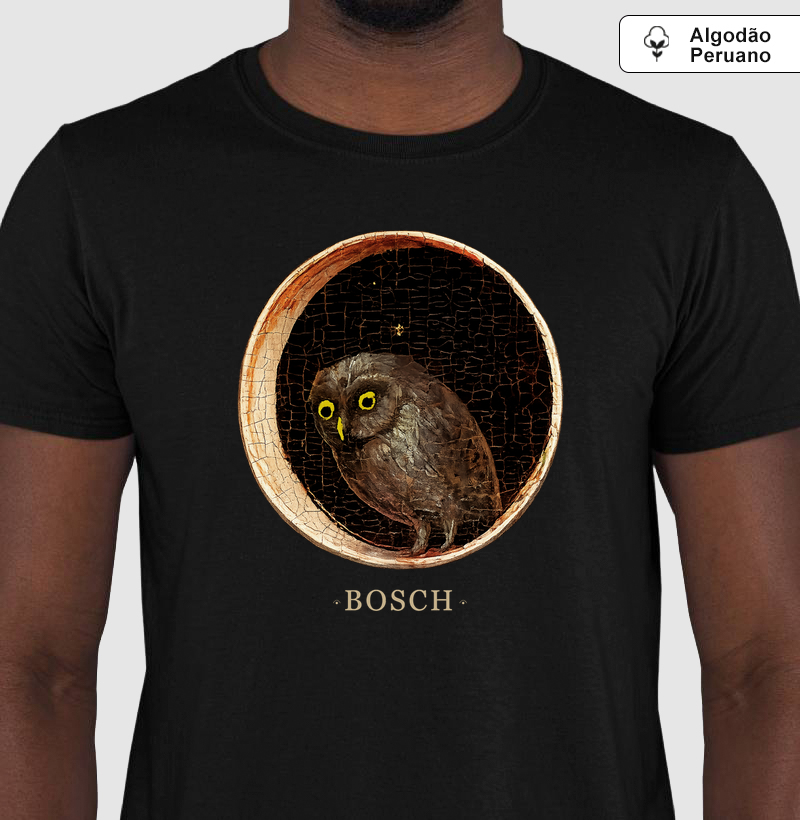 Camiseta Hieronymus Bosch Coruja Mística | Dark Art | Algodão Peruano Premium