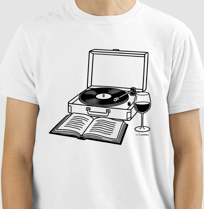 Camiseta Vinil, Livro e Vinho (estampa G)