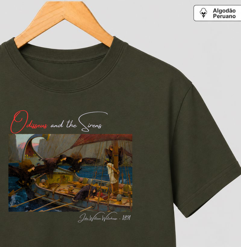 Odisseu e as Sereias — Waterhouse, 1891 - Camiseta Algodão Peruano