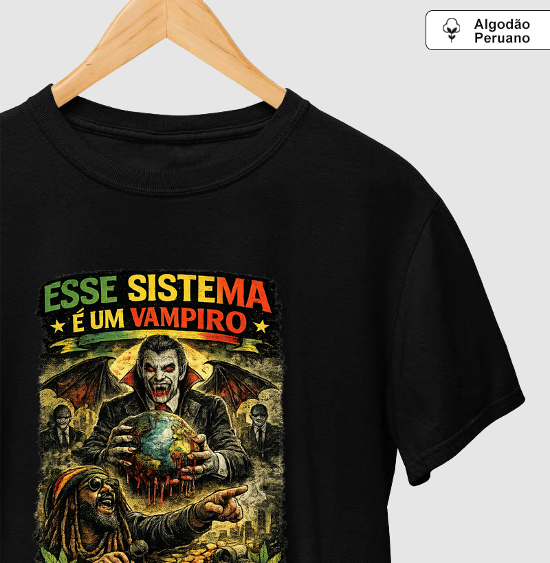  Camiseta Esse Sistema é um Vampiro. Coleção Reggae Music. Masculina e Feminina. Algodão Peruano.