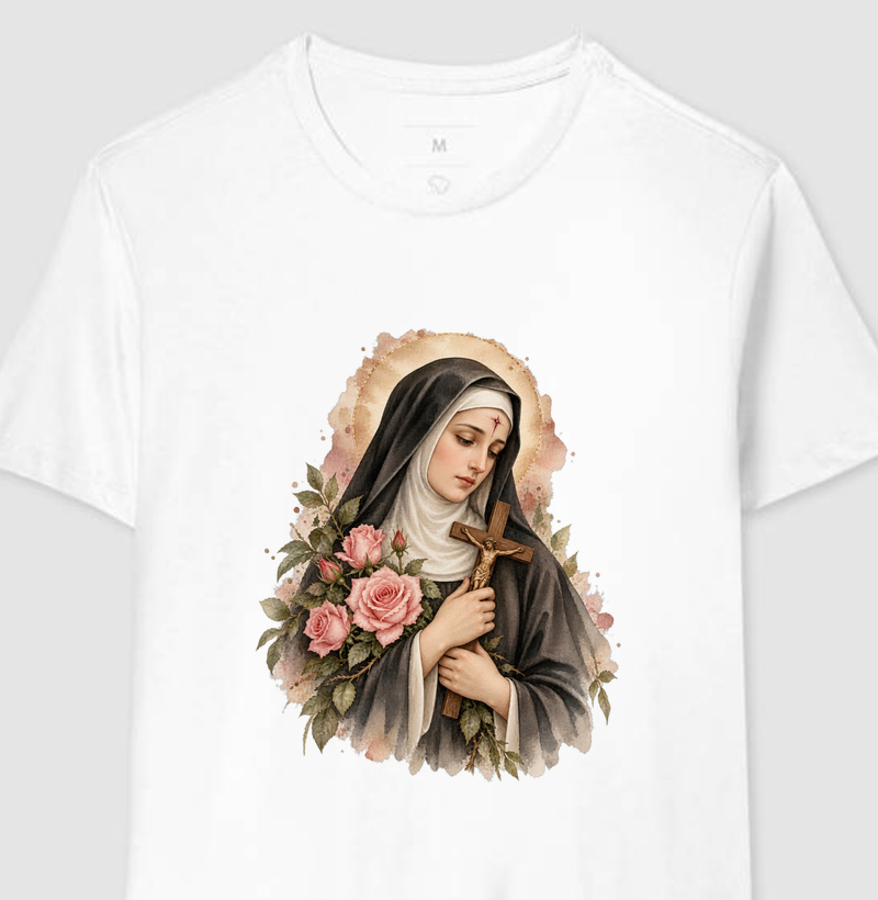Santa Rita de Cássia — Aquarela Vinheta com Rosas e Crucifixo - Camiseta
