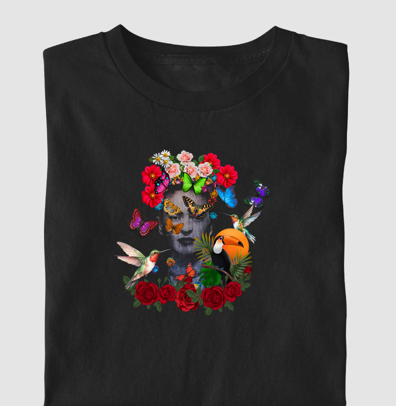 Retrato de Frida Kahlo com flores e borboletas