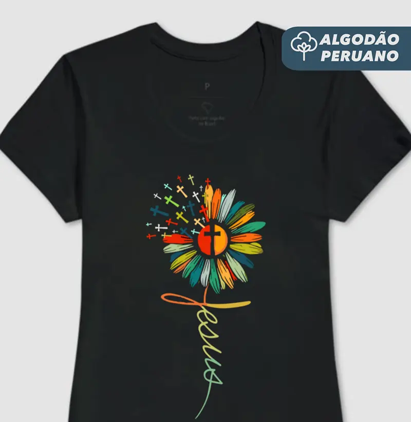 Camiseta Fem. Algodão Peruano Jesus Flor