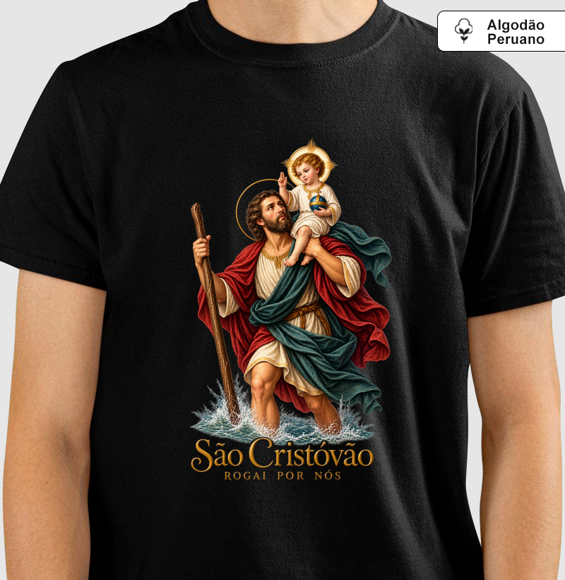 Camiseta Algodão Peruano São Cristóvão Rogai Por Nós