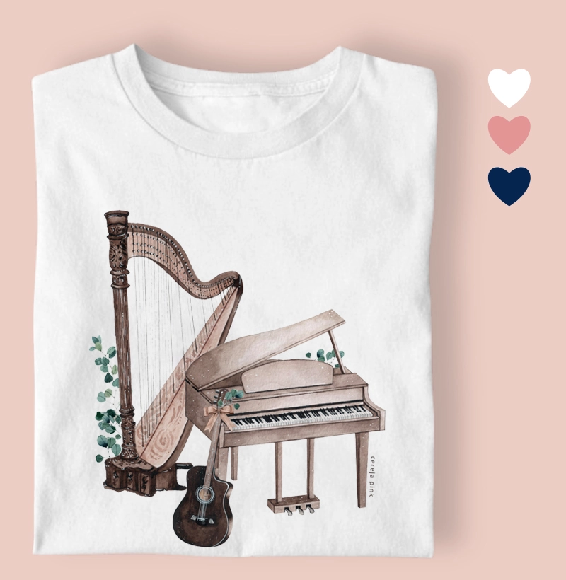 Camiseta Feminina Ilustrada Som Harpa, Violão e Piano.