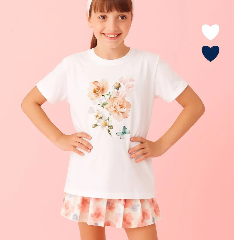 Camiseta Infantil Ilustrada Borboleta Azul e Flores