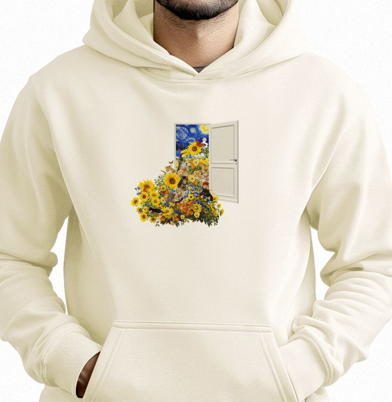 Portal noite estrelada com gatos e flores