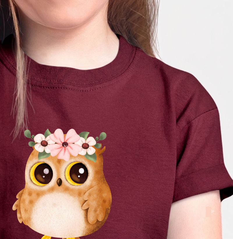 Camiseta Infantil Corujinha Floral. Coleção Kids. Meninos e Meninas. Algodão Premium
