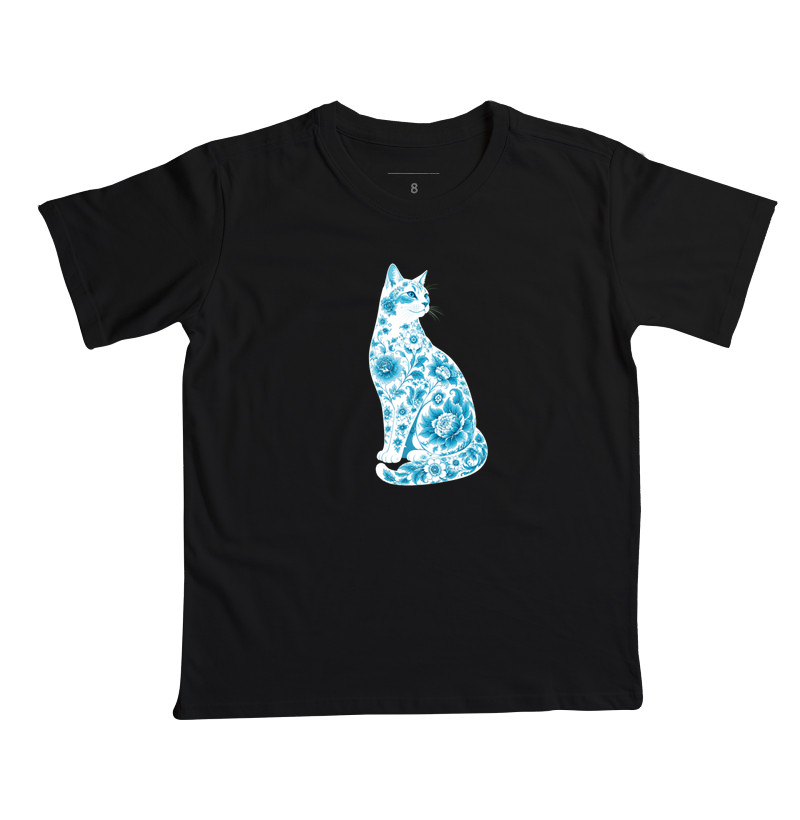 Gato Floral Azul - Camiseta Infantil