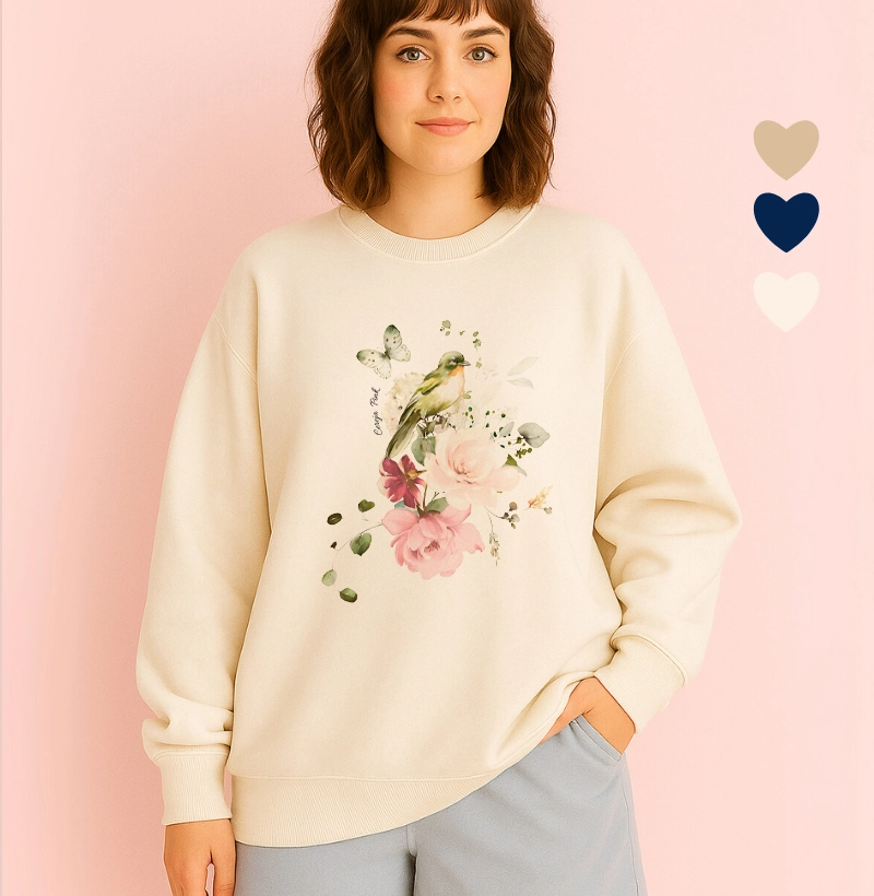 Moletom Ilustrado Pássaro Verde e Flores