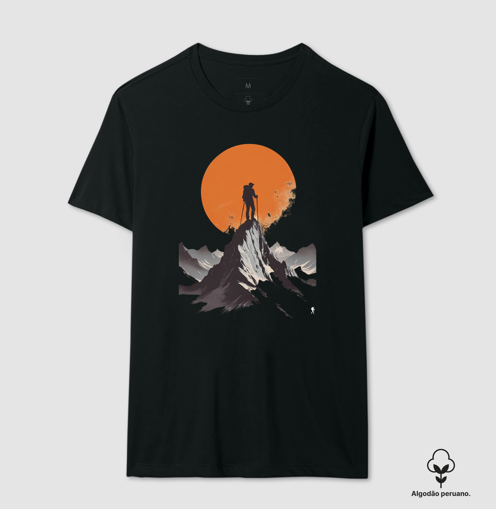 Camiseta Trilheiro no Topo da Montanha | Sol Laranja Silhueta Aventura | Colecao Fashion Travel