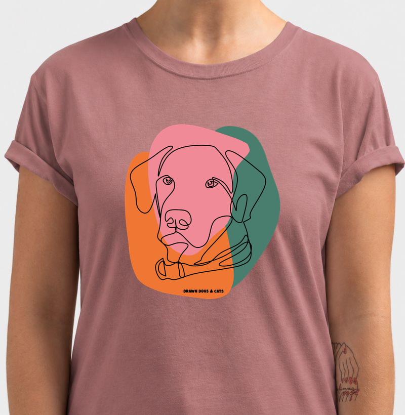 Cachorro de linhas e fundo rosa, verde e laranja - Camiseta