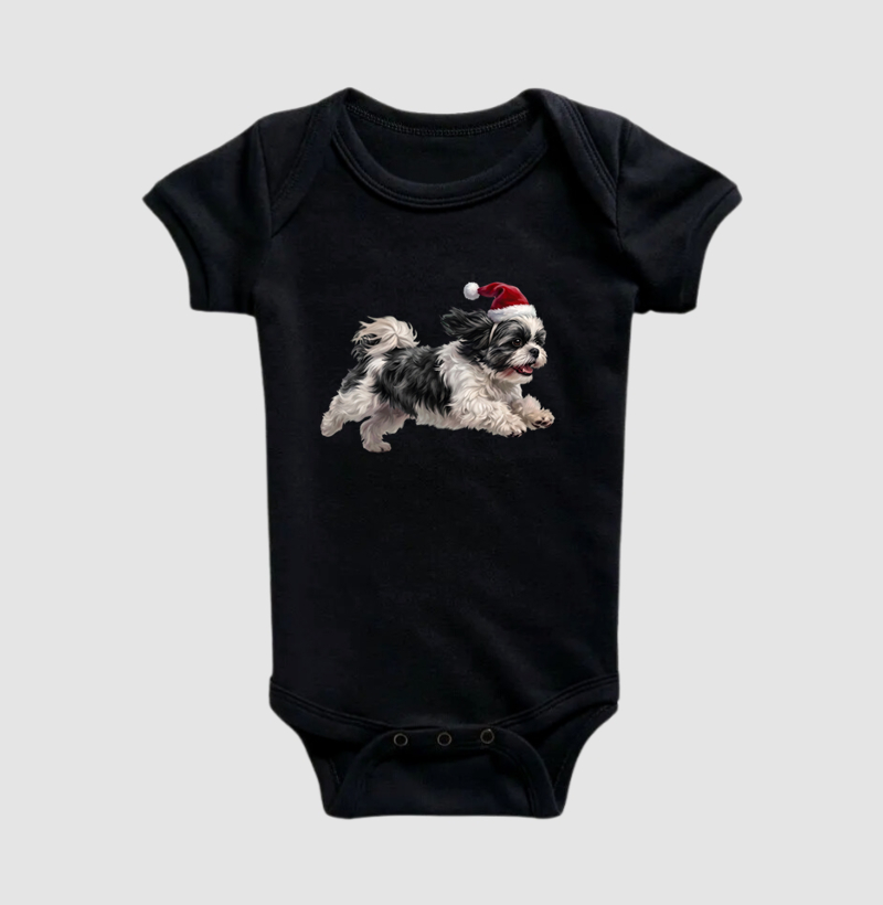 Shih Tzu Preto e Branco - Natal - Body Infantil